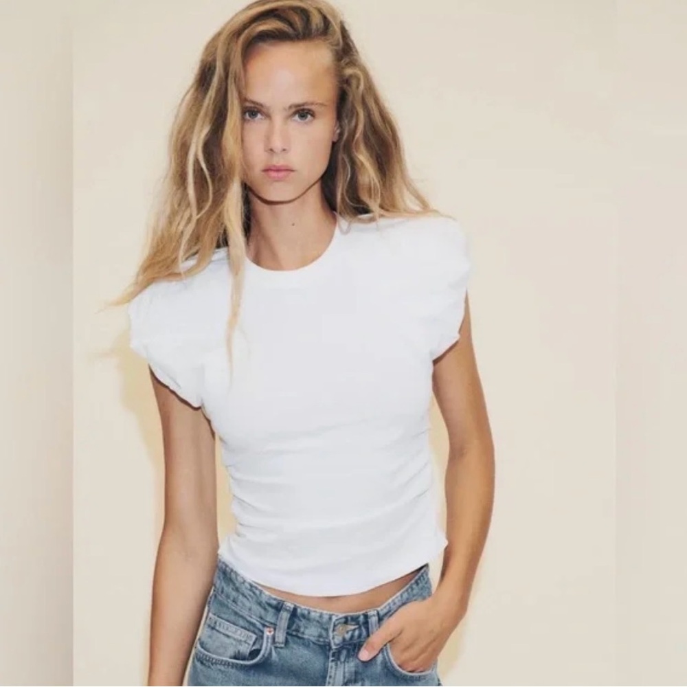Zara White Puff Short Sleeve Crewneck Top - Picture 6 of 6